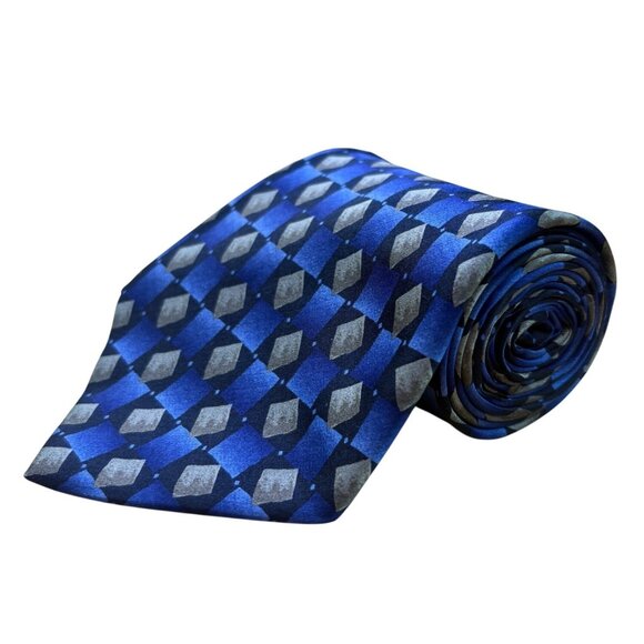 Stonehenge Men’s Blue & Gray 100% Silk Geometric Diamond Pattern Neck Tie - Picture 1 of 8